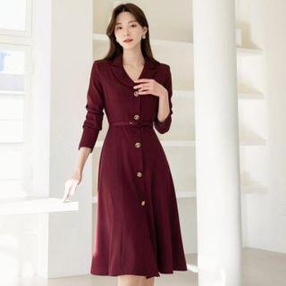 Peaked-lapel Flared Midi Coatdress With Belt