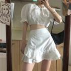 Puff-sleeve Plain Cropped Blouse / High-waist Plain Asymmetric A-line Skirt