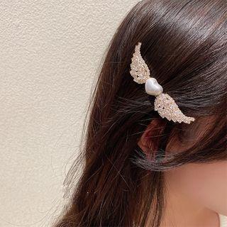 Faux Pearl Rhinestone Flying Heart Hair Clip 1 Pc - Gold & White - One Size