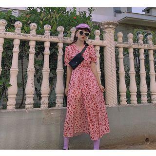 Short-sleeve V-neck Floral Chiffon Dress As Shown In Figure - One Size