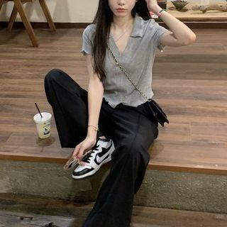Short-sleeve Collared Top / Wide Leg Pants
