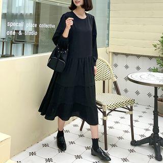 Puff-sleeve Tiered-hem Long Dress Black - One Size