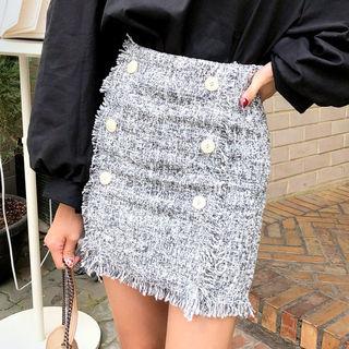 Double-buttoned Fringed Tweed Miniskirt