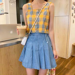 Plaid Sleeveless Top / Denim Pleated Skirt