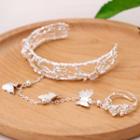 Wedding Buttoned Alloy Chained Open Bangle Ring Silver - One Size