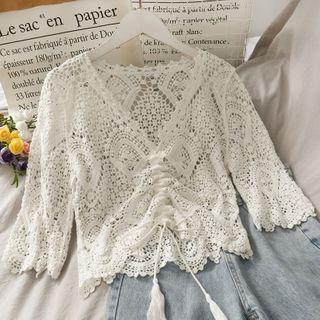 3/4-sleeve Open-knit Drawstring Crop Top