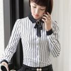 Pinstripe Long-sleeve Blouse With Bow / Pants Set