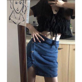 Short-sleeve Plain Top / Denim Skirt