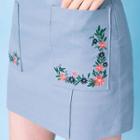 Dual-pocket Flower-embroidered Mini Skirt