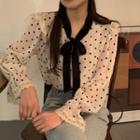 Puff-sleeve Tie-neck Dotted Blouse White - One Size