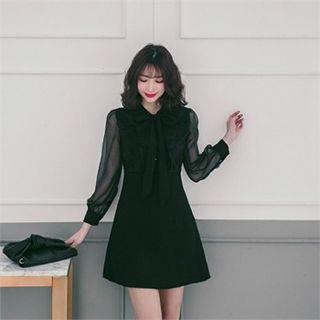 Tie-neck Sheer-sleeve A-line Mini Dress