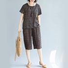 Set : Plaid Short-sleeve T Shirt + Semi Pants