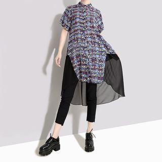 Short-sleeve Letter Chiffon Paneled Long Shirt Yellow - One Size