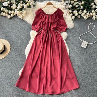 Short-sleeve Round-neck Ruffle Plain Dress