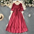 Short-sleeve Round-neck Ruffle Plain Dress