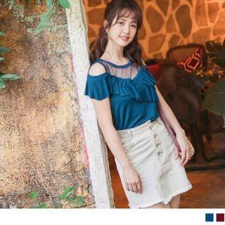 Mesh Panel Ruffle Trim Cold-shoulder Top