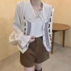 Plain Blouse / Flower Embroidered Button-up Sweater Vest