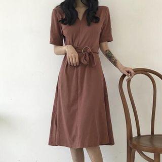 Short-sleeve A-line Midi Dress With Belt