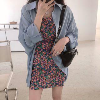 Long-sleeve Shirt / Spaghetti Strap Floral Print Mini Sheath Dress