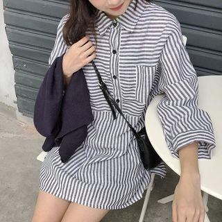 Long-sleeve Striped Mini Shirt Dress Stripe - Gray & White - One Size