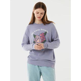 Letter-embroidered Rose-printed Knit Top Lavender - One Size