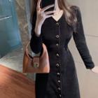 V-neck Single-breasted Corduroy Long-sleeve Dress
