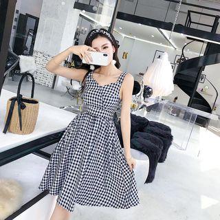 Spaghetti Strap Midi A-line Plaid Dress