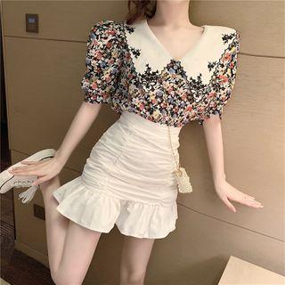 Peter Pan Collar Floral Printed Top / High-waist Ruffled Skirt