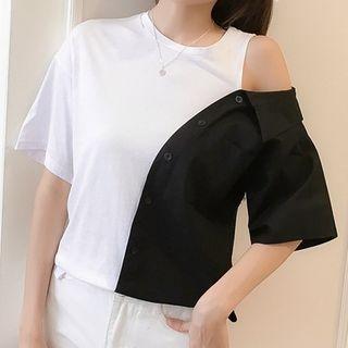 Elbow-sleeve Cold Shoulder Color Block Top