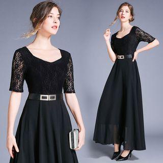 Elbow-sleeve Lace Paneled A-line Maxi Chiffon Dress