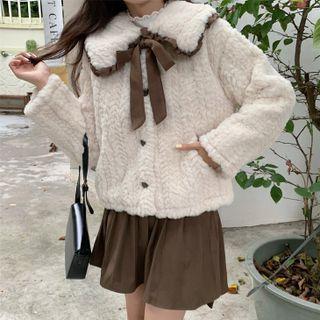 Contrast Trim Bow-neck Fleece Jacket