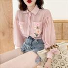 Flower Embroidered Puff-sleeve Blouse Pink - One Size