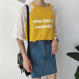 Lace Panel Letter Elbow-sleeve T-shirt