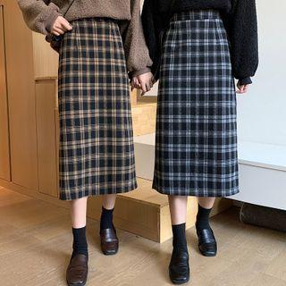 Plaid High-waist A-line Midi Skirt