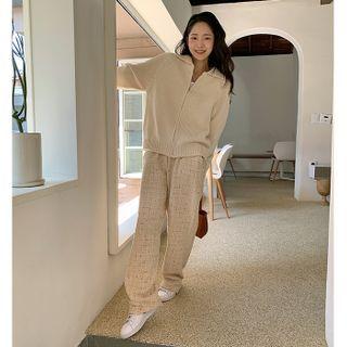 Raglan-sleeve Collared Zip-up Cardigan