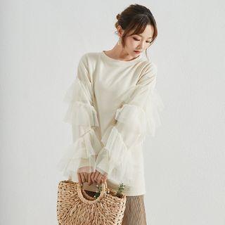 Long-sleeve Mesh Panel T-shirt Beige - One Size