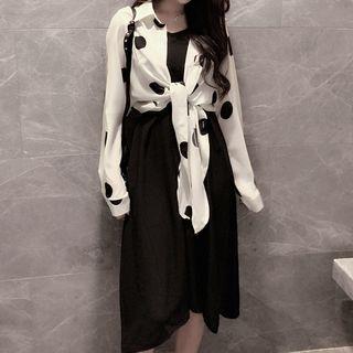 Dotted Shirt / Shoulder-tie Midi Dress