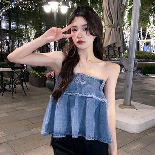 Strapless Fray Hem Denim Top