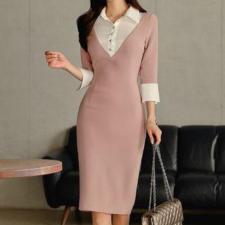 Mock Two-piece 3/4-sleeve Collared Dress
