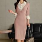 Mock Two-piece 3/4-sleeve Collared Dress