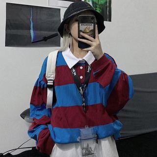 Striped Oversize Long-sleeve Polo Shirt Stripes - Wine Red & Blue - One Size