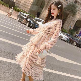 Long-sleeve Dotted Tiered Midi Dress