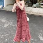 Floral Long-sleeve Midi A-line Dress / Lace Top / Set