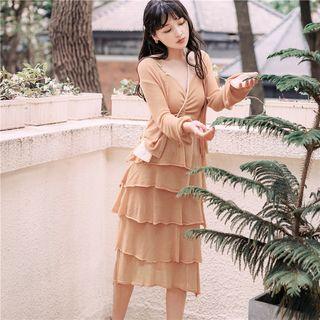 Set: Light Cardigan + Spaghetti Strap Midi Tiered Dress