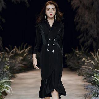 Double-breasted 3/4-sleeve Ruffle Hem Midi Sheath Dress