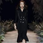 Double-breasted 3/4-sleeve Ruffle Hem Midi Sheath Dress