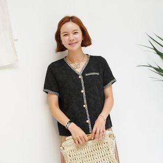 Tweed-trim Jacquard Blouse