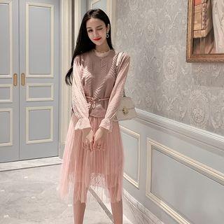 Set: Long-sleeve Midi A-line Mesh Dress + Knit Vest
