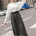 Set: Lace-up Sweater + Mesh Panel Midi Knit Skirt Sweater - White - One Size / Skirt - Almond - One Size