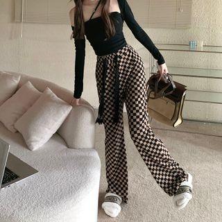 Drawstring Checkered Wide-leg Pants
